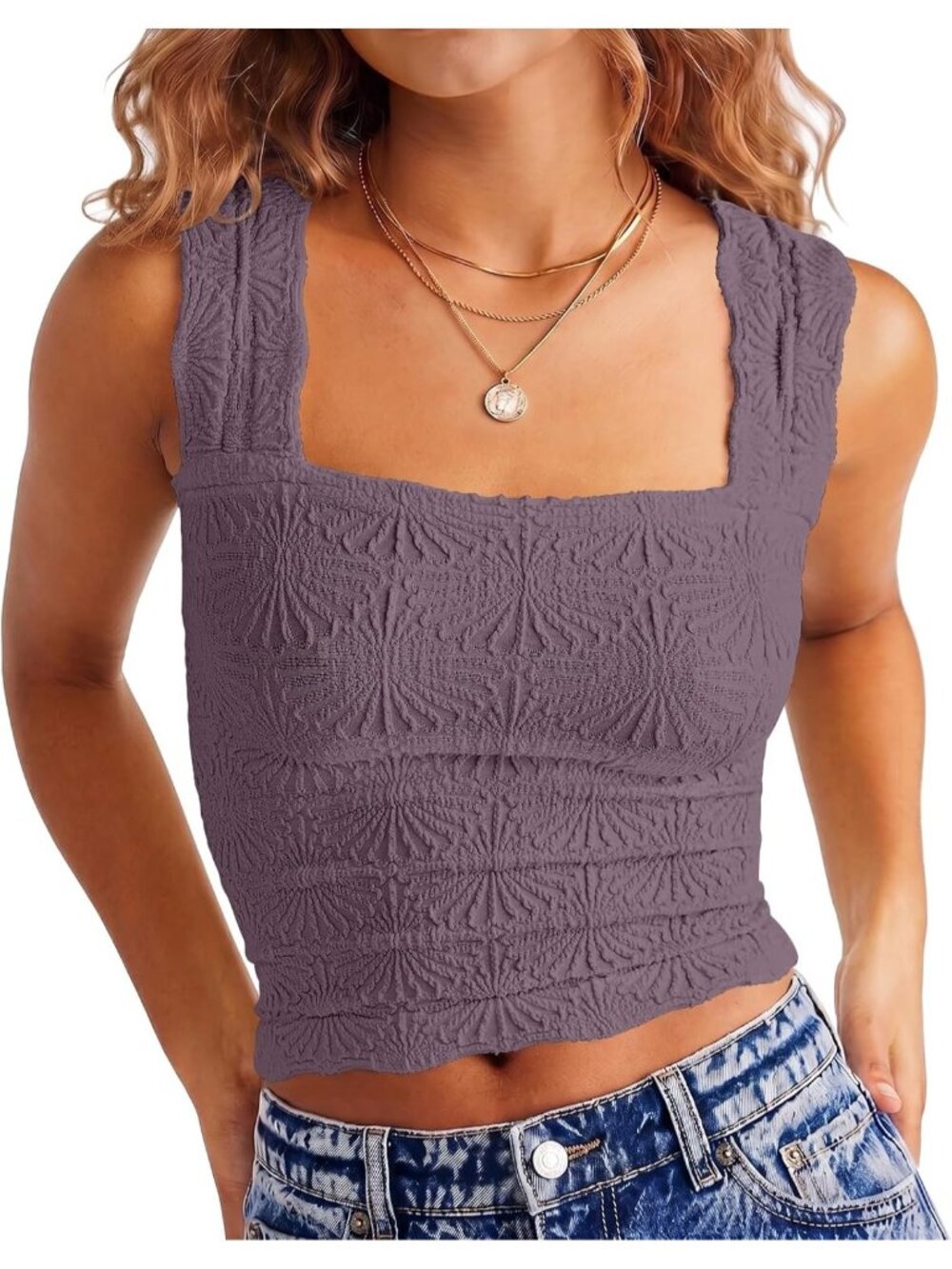 〽️ Women's Purple Floral Square Neck Wide Strap Slim Fit Lettuce Trim Crop Tops